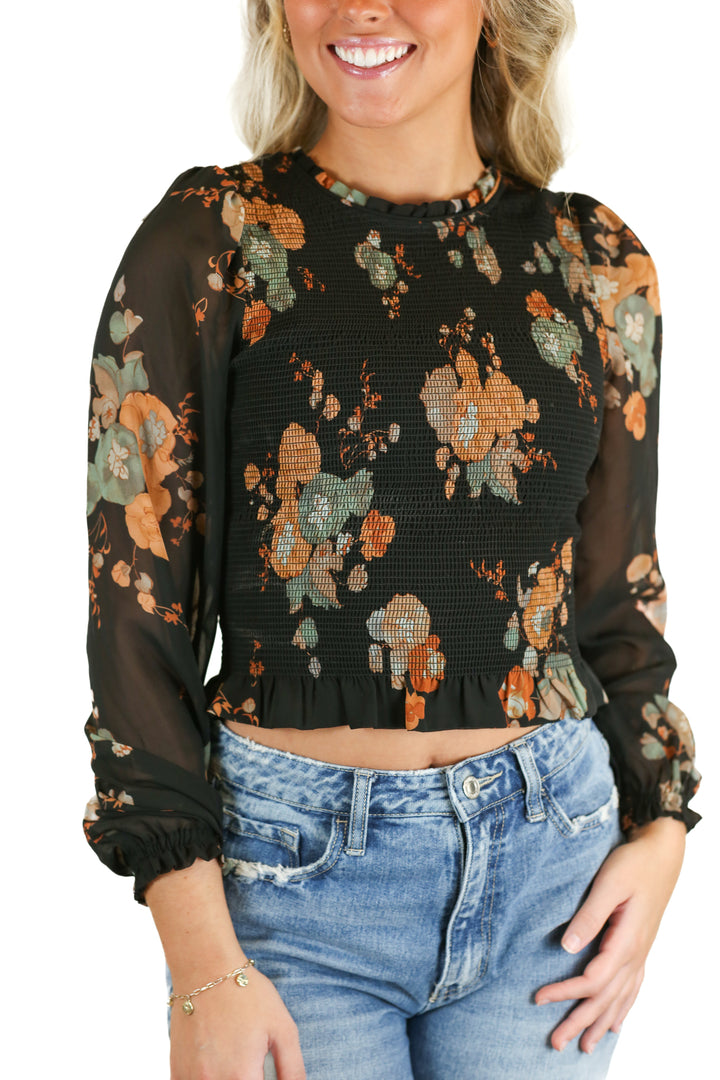 Black Tape black floral long sleeve top NWT (XS)