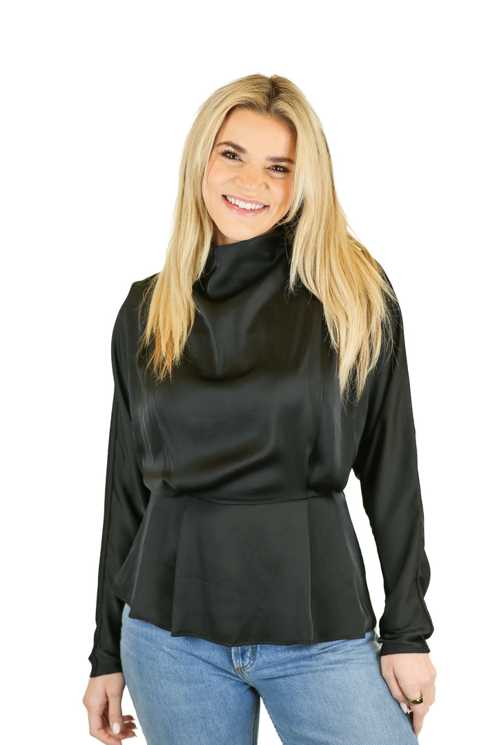 H&M Black Satin High Neck Peplum Top (XS)