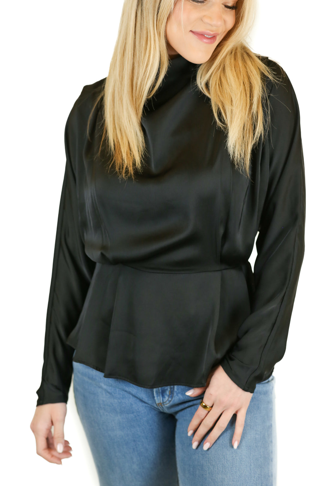 H&M Black Satin High Neck Peplum Top (XS)
