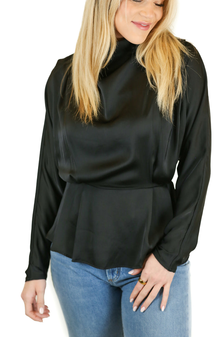 H&M Black Satin High Neck Peplum Top (XS)
