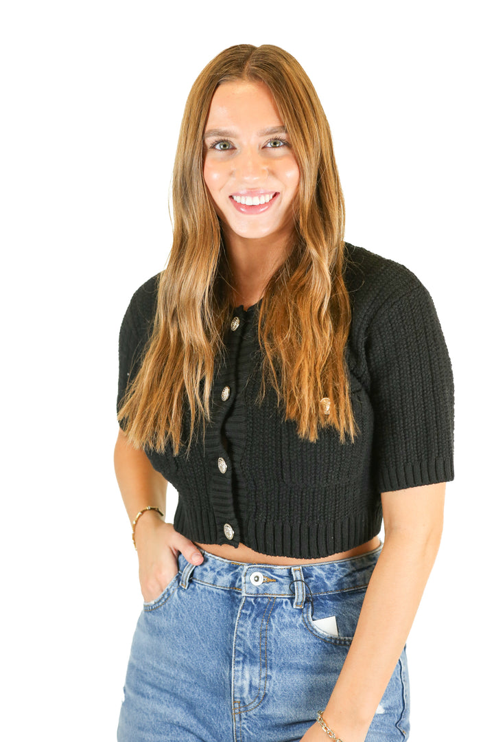 H&M Black Cropped Gold Button Chunky Cardigan (XS)