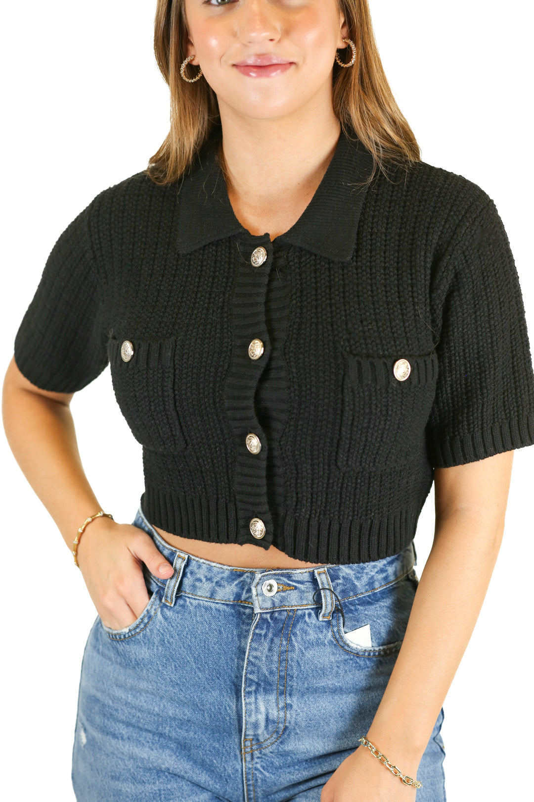 H&M Black Cropped Gold Button Chunky Cardigan (XS)