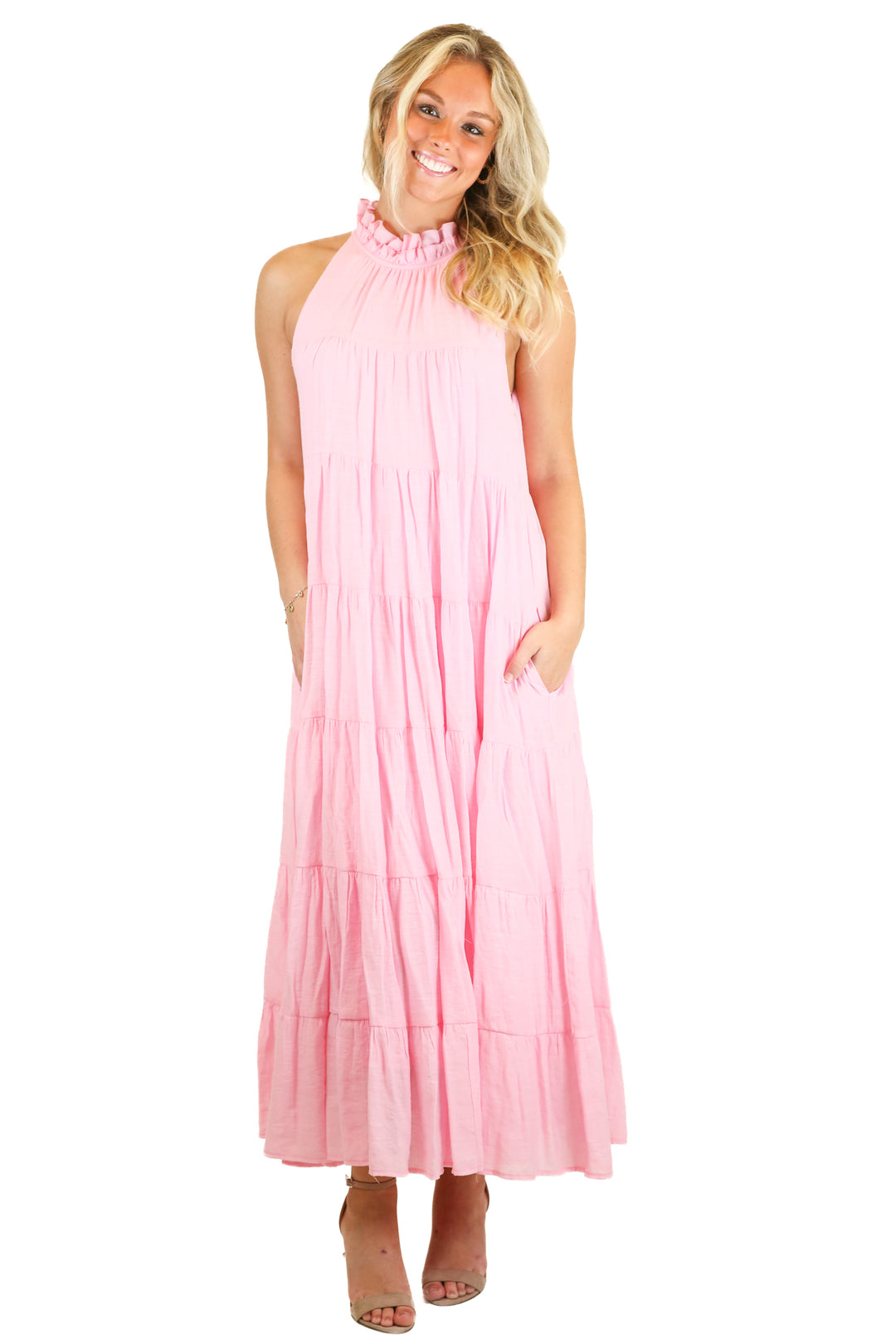entro light pink tiered high neck dress (s)