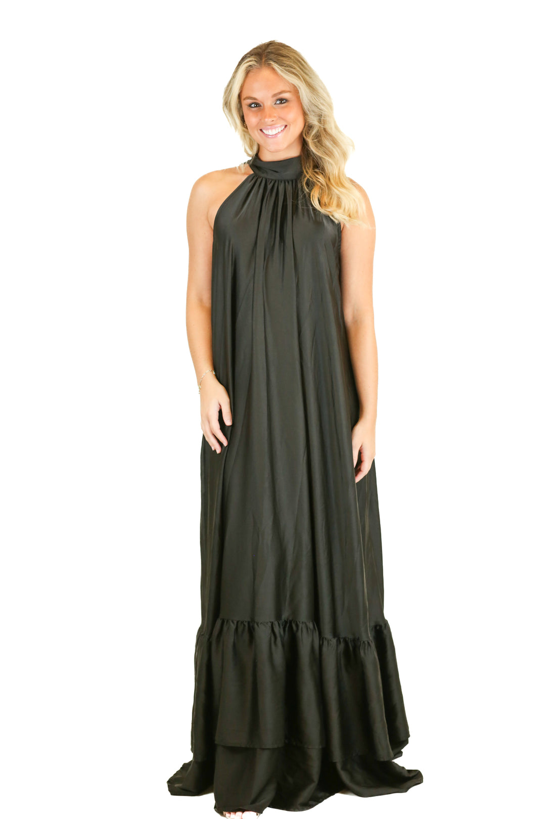 Aura Black Satin Halter Neck Maxi Dress (XS)
