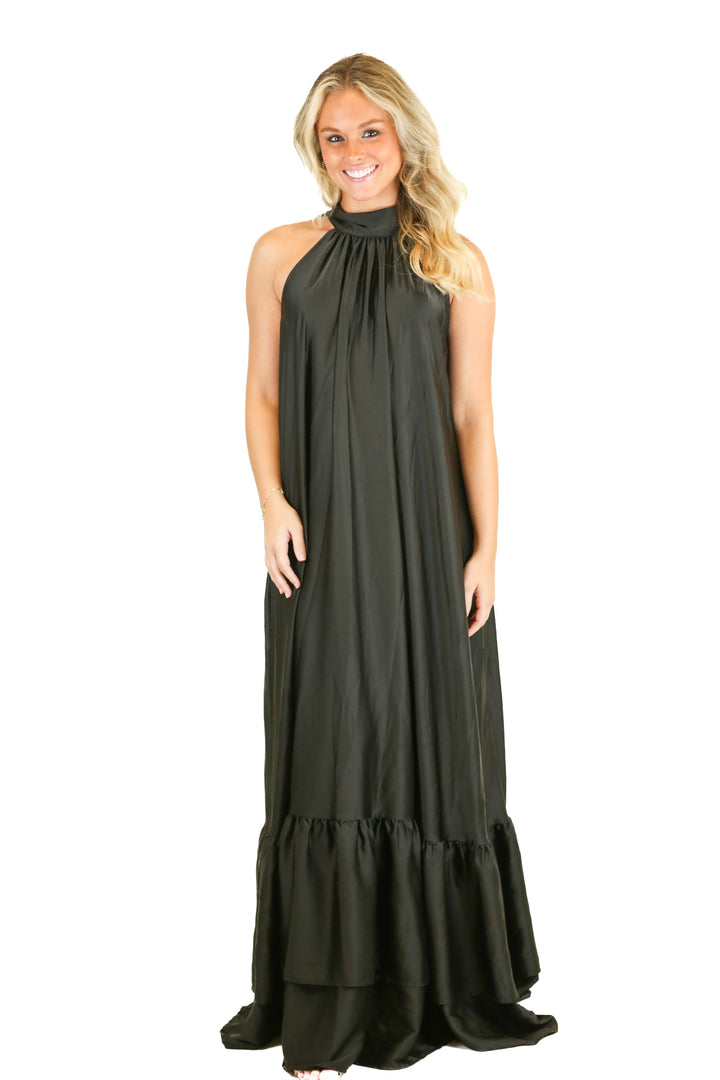 Aura Black Satin Halter Neck Maxi Dress (XS)