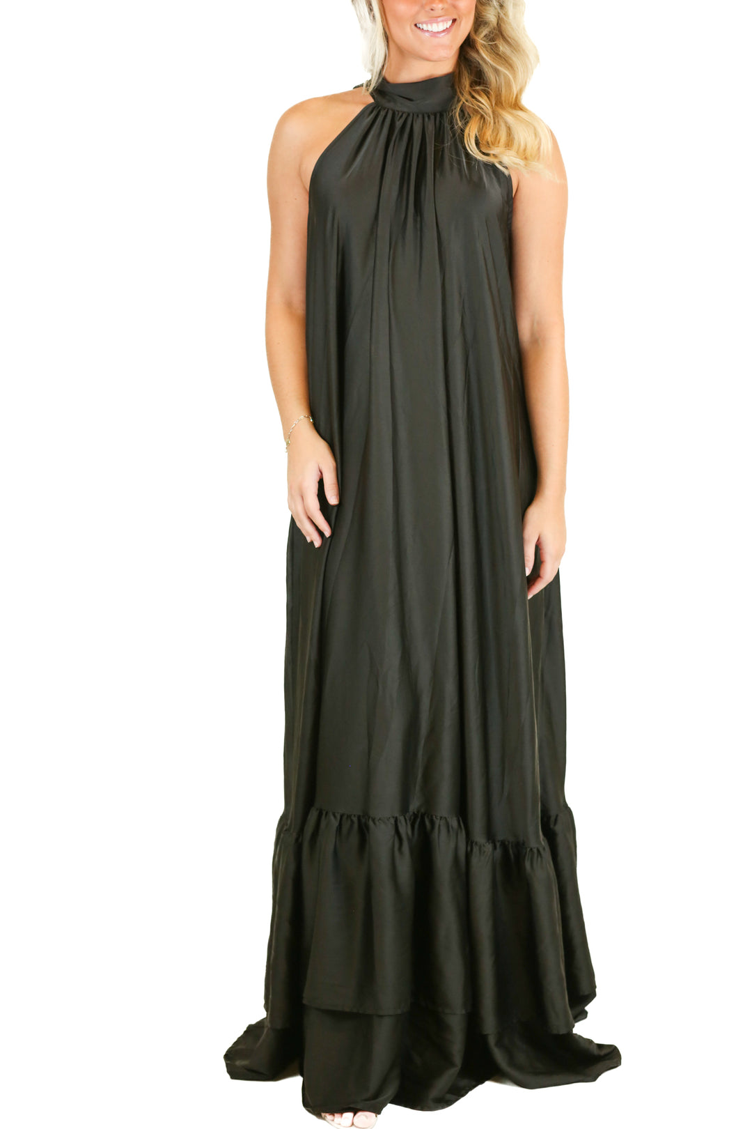 Aura Black Satin Halter Neck Maxi Dress (XS)