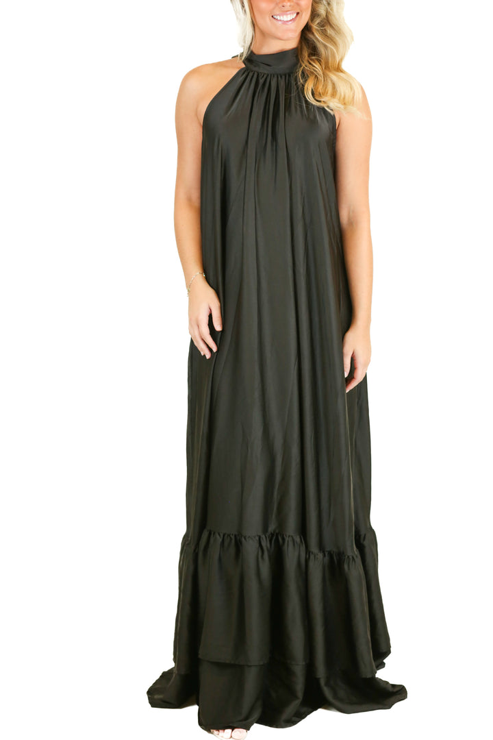 Aura Black Satin Halter Neck Maxi Dress (XS)