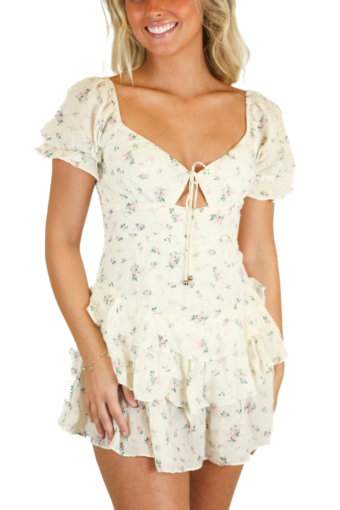 Olivaceous Cream Pink Floral Ruffle Mini Dress NWT (S)