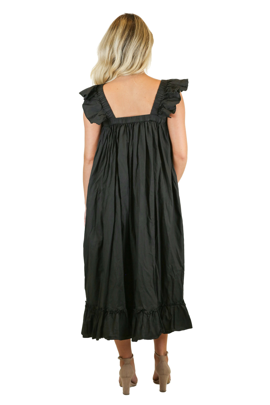 Mable Black Ruffle Midi Dress (S; retail $110)