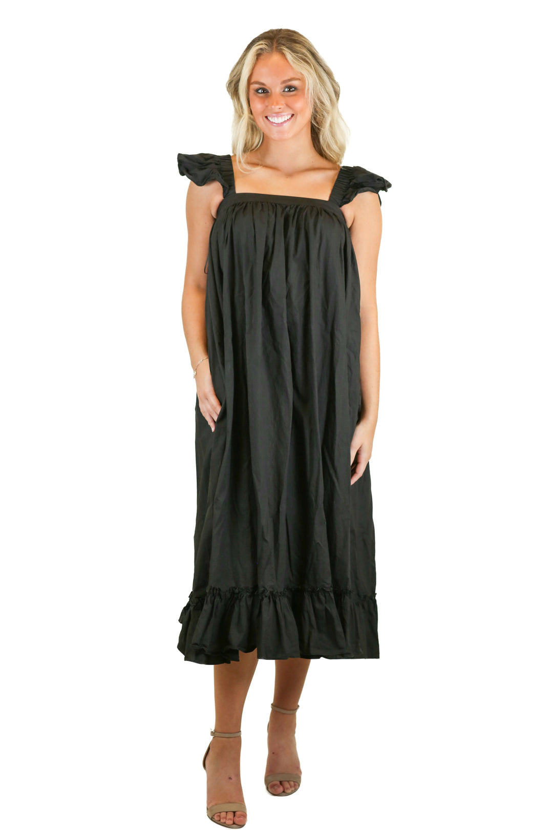 Mable Black Ruffle Midi Dress (S; retail $110)