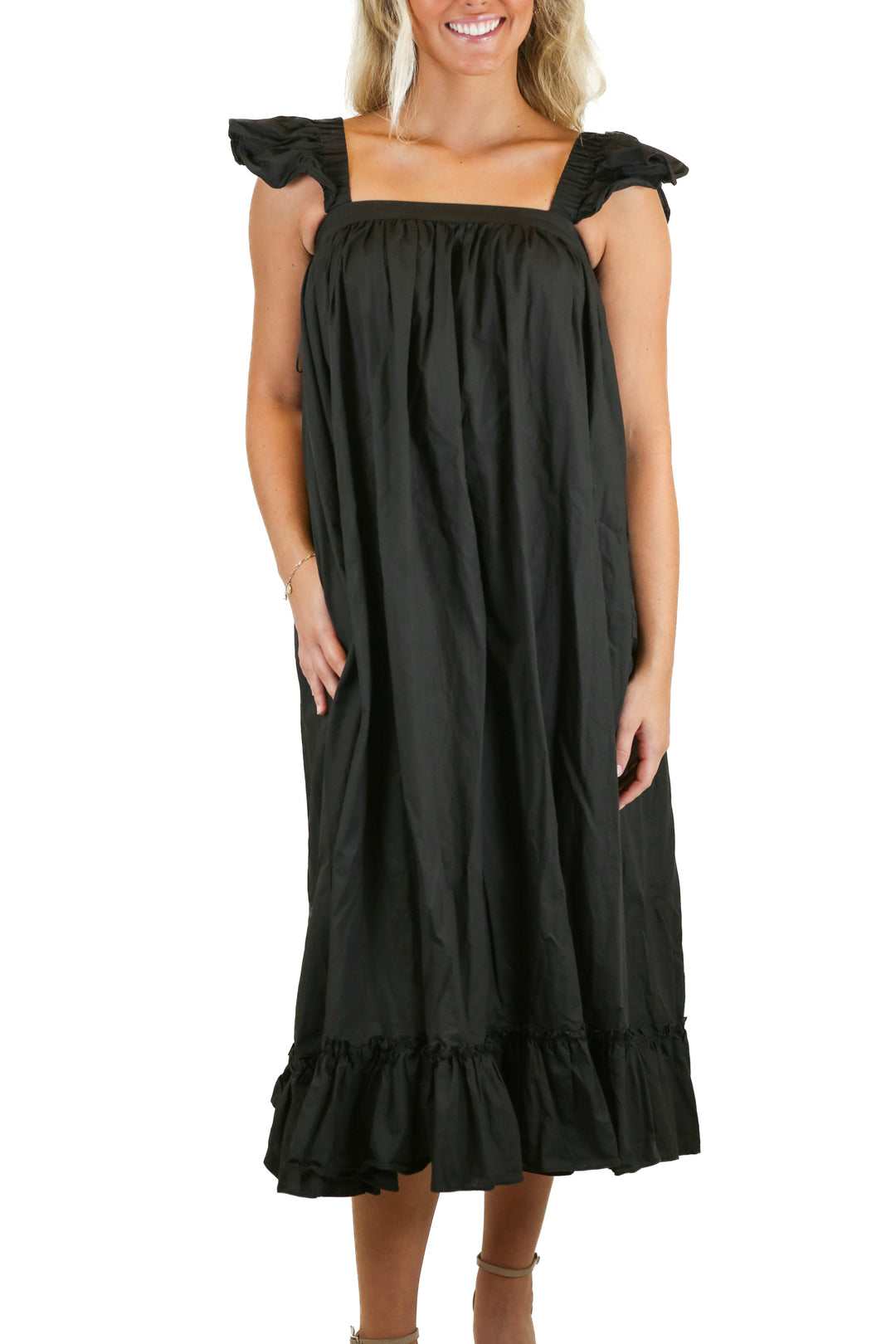 Mable Black Ruffle Midi Dress (S; retail $110)
