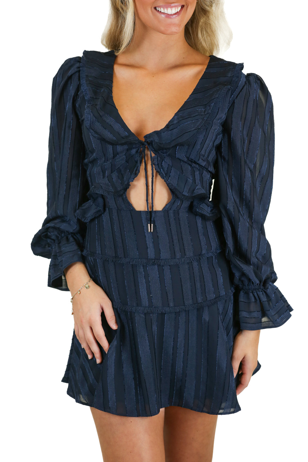Finders Keepers Navy Stripe Ruffle Mini Dress (XS)