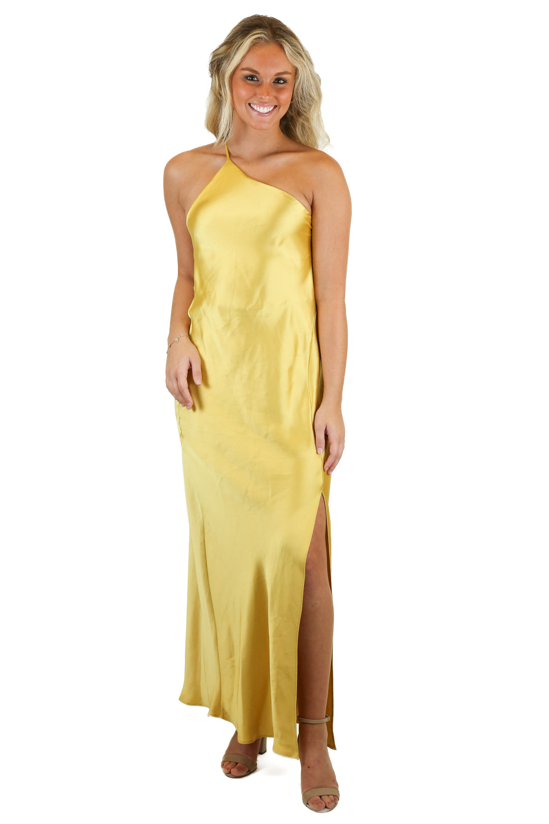 Zara Yellow Satin One Shoulder Maxi Dress NWT (S; Retail $90)