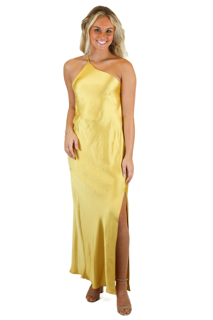 Zara Yellow Satin One Shoulder Maxi Dress NWT (S; Retail $90)