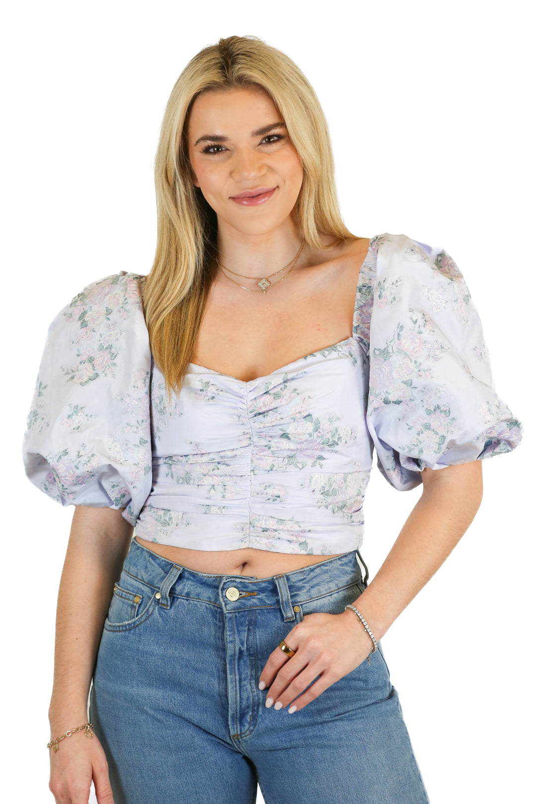 Express purple floral puff sleeve top (XS)