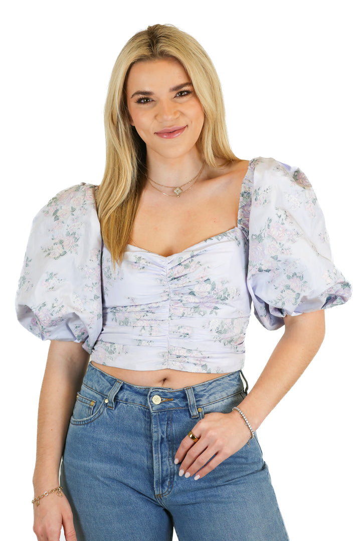 Express purple floral puff sleeve top (XS)