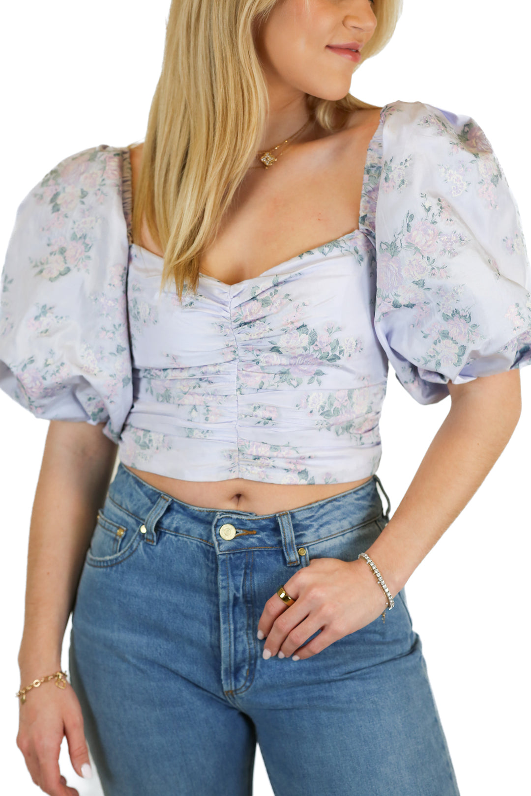 Express purple floral puff sleeve top (XS)