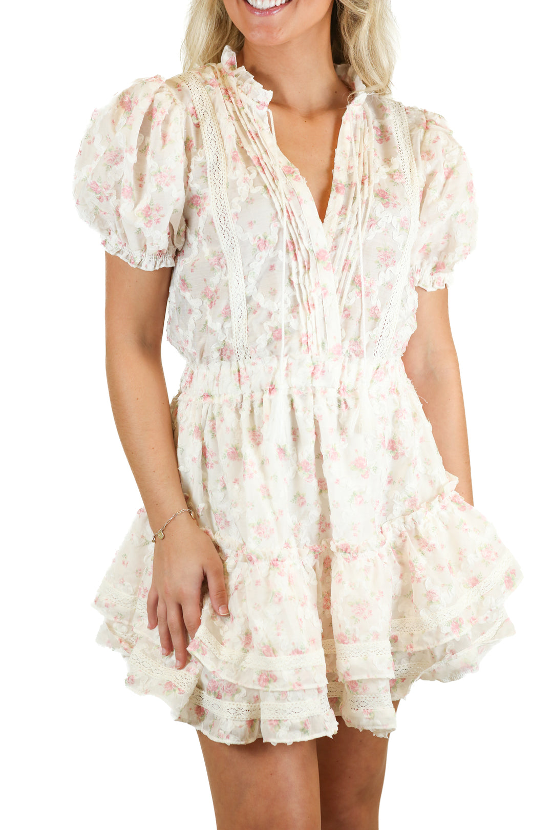 Mable Cream Pink Floral Ruffle Dress (S)