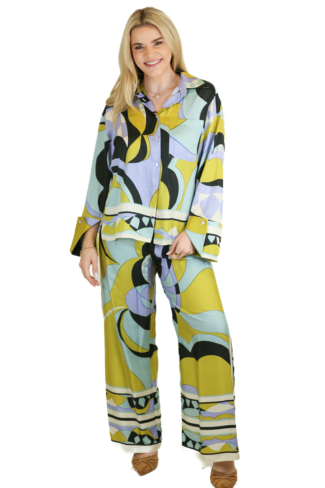Zara Abstract Print Satin Shirt & Pant Set NWT (XS; Retail $140)