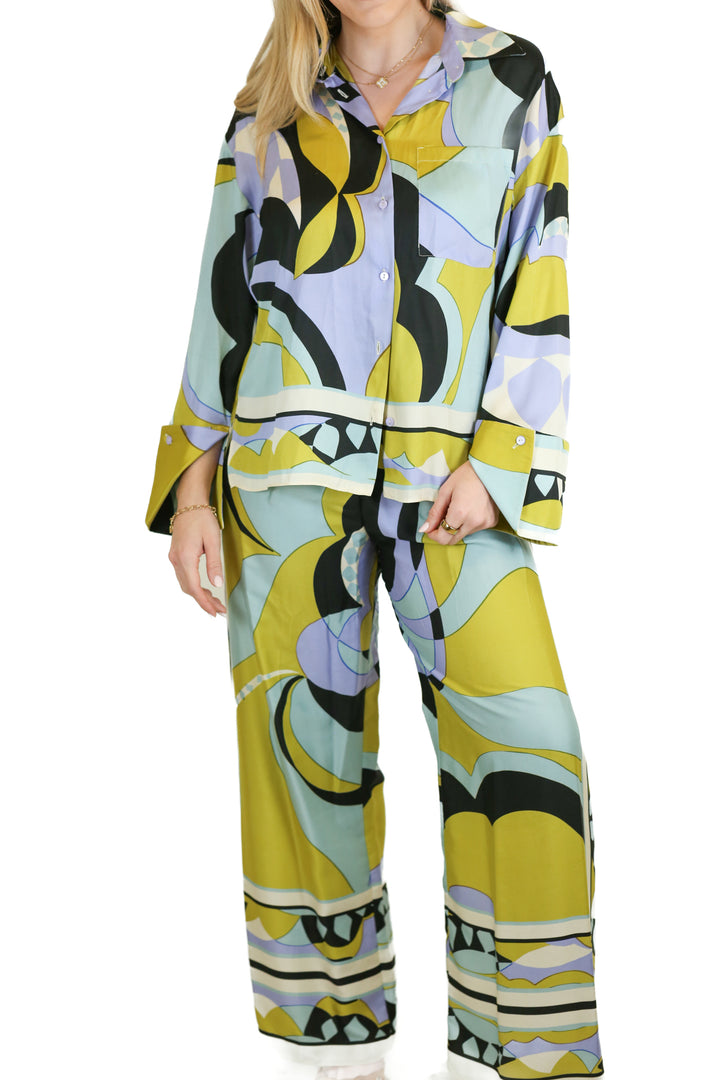 Zara Abstract Print Satin Shirt & Pant Set NWT (XS; Retail $140)
