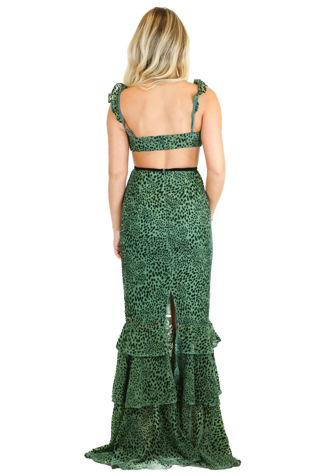 Green Animal Print Velvet Burnout Ruffle Maxi Dress (S)