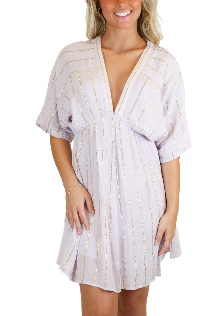 En Creme Lavender Gold Stripe Dress NWT (S)