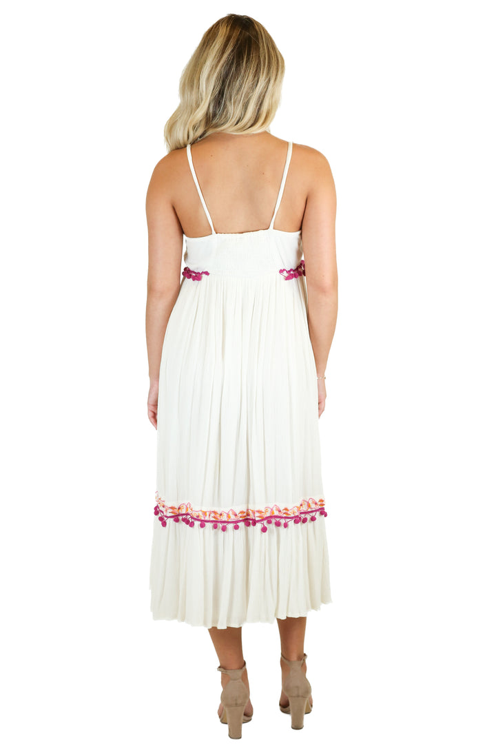 Raga Cream Floral Embroidered Pompom Tassel Midi Dress (XS)