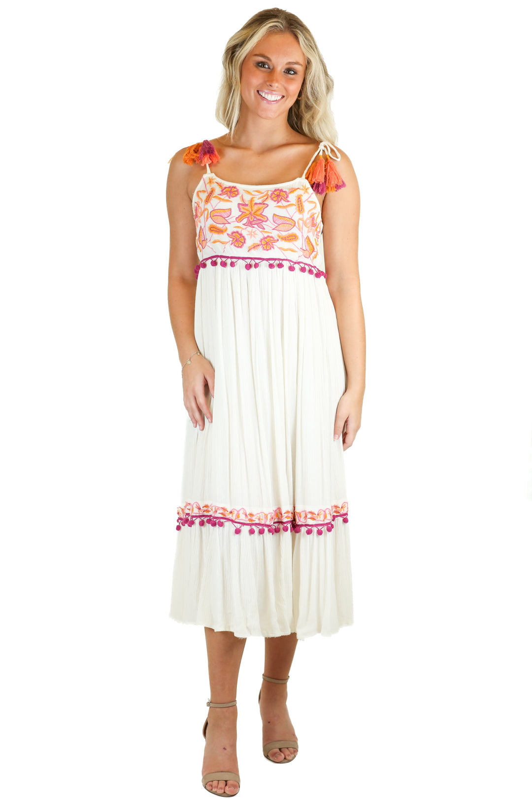 Raga Cream Floral Embroidered Pompom Tassel Midi Dress (XS)