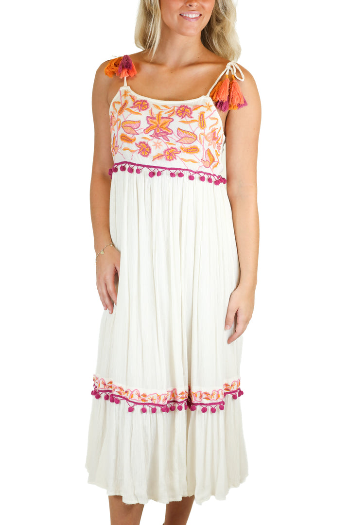 Raga Cream Floral Embroidered Pompom Tassel Midi Dress (XS)
