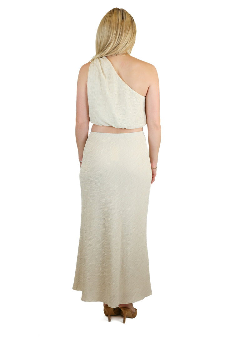 Abercrombie Beige Crinkle One Shoulder Top & Midi Skirt (XS; retail $118)
