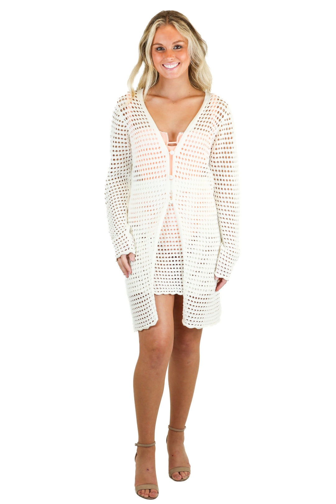 Lulus White Crotchet Cardigan and Skirt Swim Cover-Up Set (M)