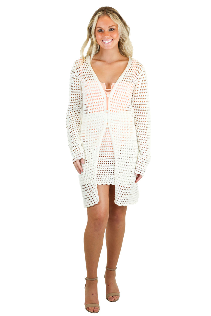 Lulus White Crotchet Cardigan and Skirt Swim Cover-Up Set (M)