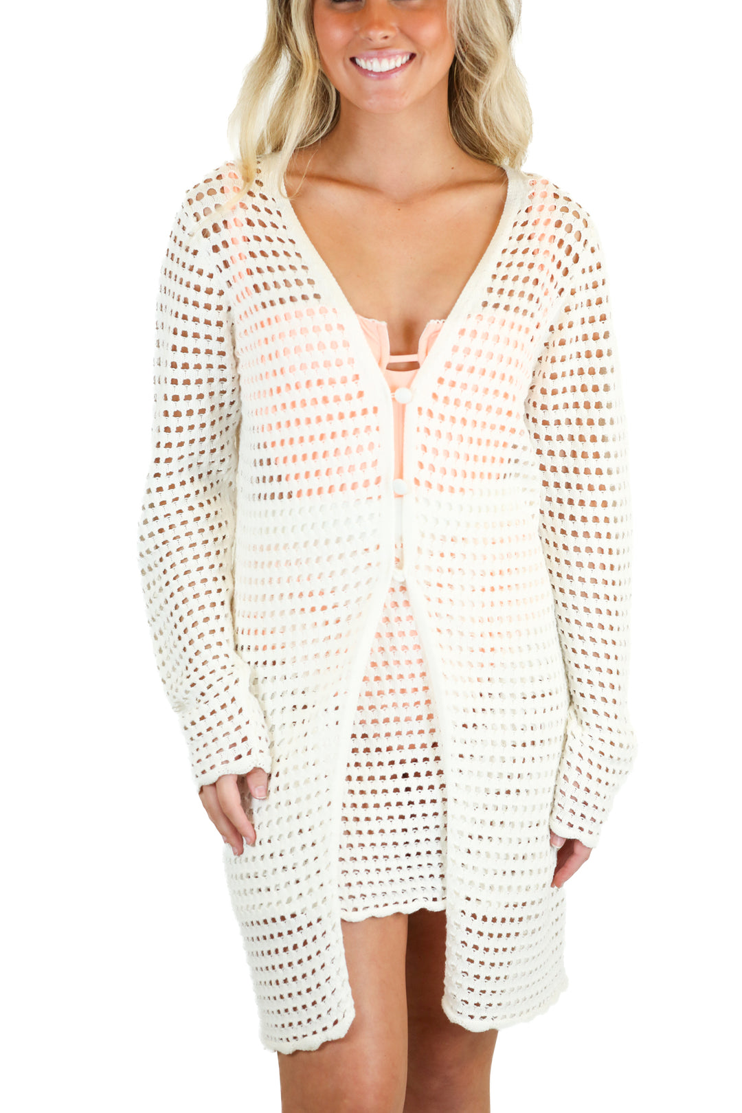 Lulus White Crotchet Cardigan and Skirt Swim Cover-Up Set (M)