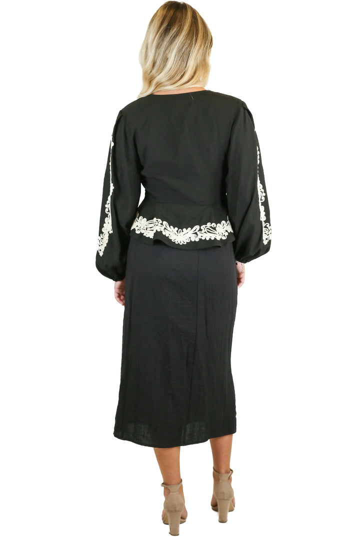 H&M Black Embroidered Top & Midi Skirt Set NWT (XS/4)