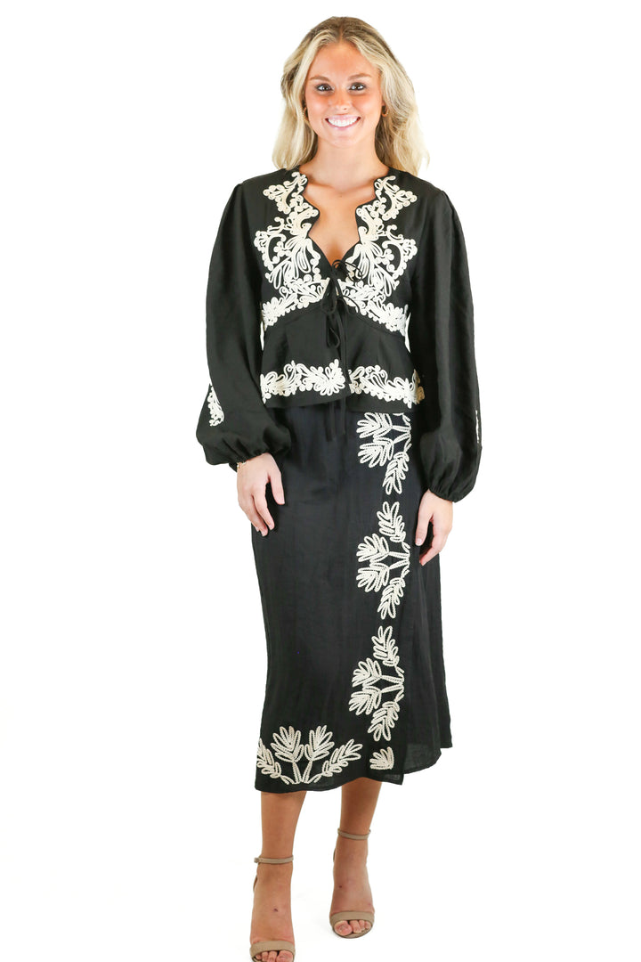 H&M Black Embroidered Top & Midi Skirt Set NWT (XS/4)