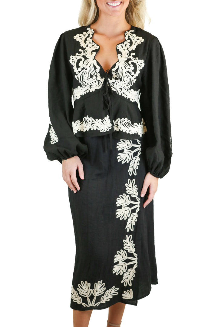 H&M Black Embroidered Top & Midi Skirt Set NWT (XS/4)