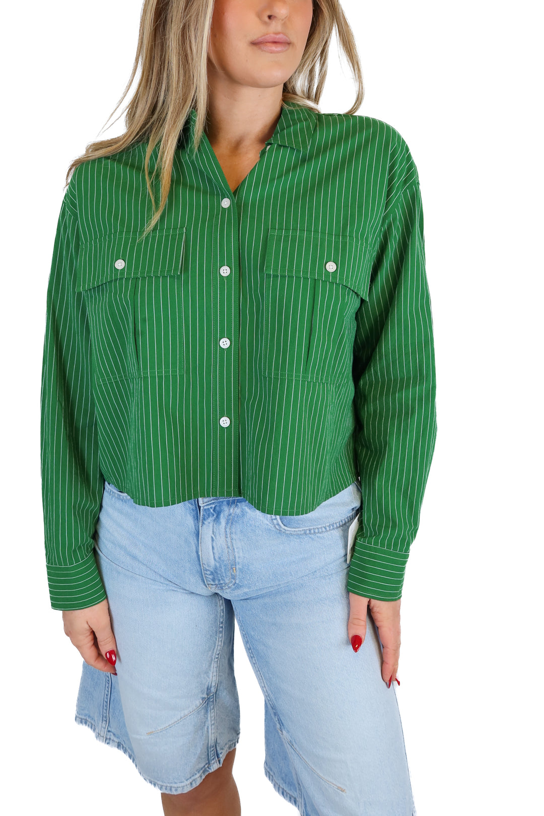 madewell green striped cropped button up (s)