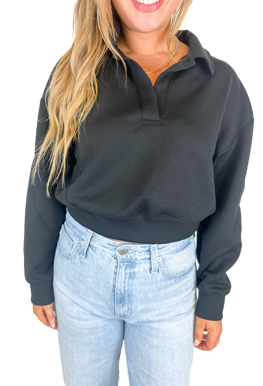 YPB Black Collared V-Neck Sweatshirt NWT (M; retail $70)