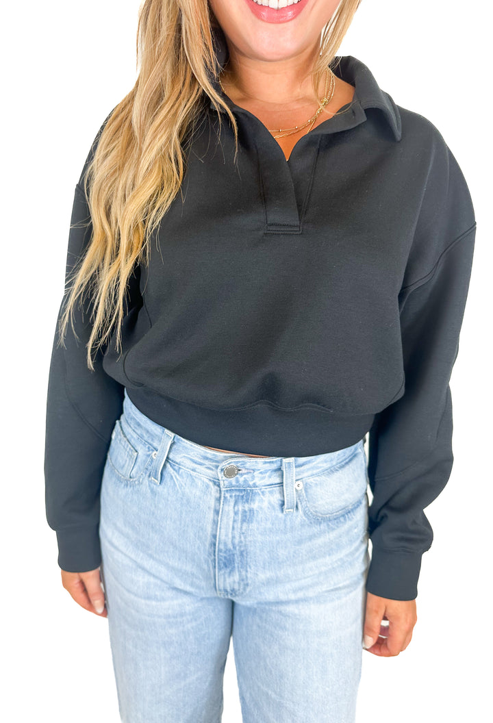 YPB Black Collared V-Neck Sweatshirt NWT (M; retail $70)