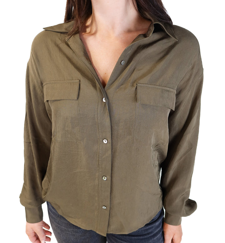 Vince olive green satin button up (m; retail $238)