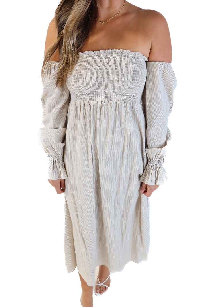 Petal+pup white/tan striped maxi dress (6; retails for $89)