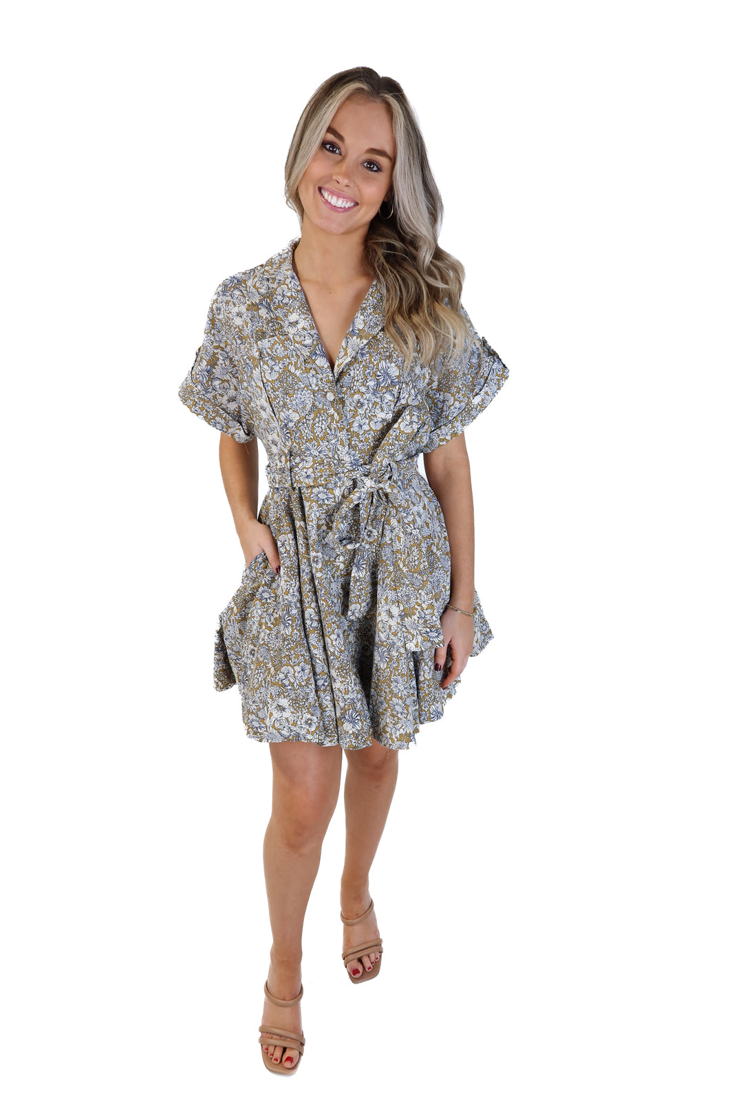 SOLD: Amable brown/blue floral dress NWT (s; retail $100)