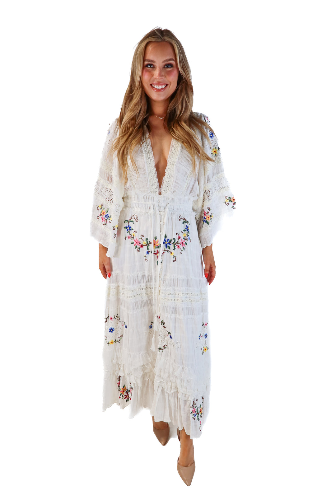 Fillyboo white crotchet floral maxi dress (s; retails for $875)