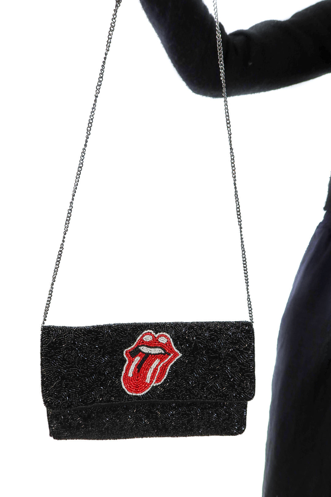 Black beaded clutch with red tongue graphic