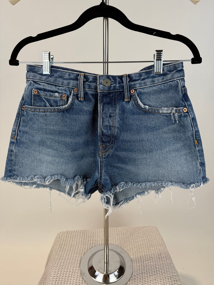 SOLD: grlfrnd medium wash shorts (27; retail $165)