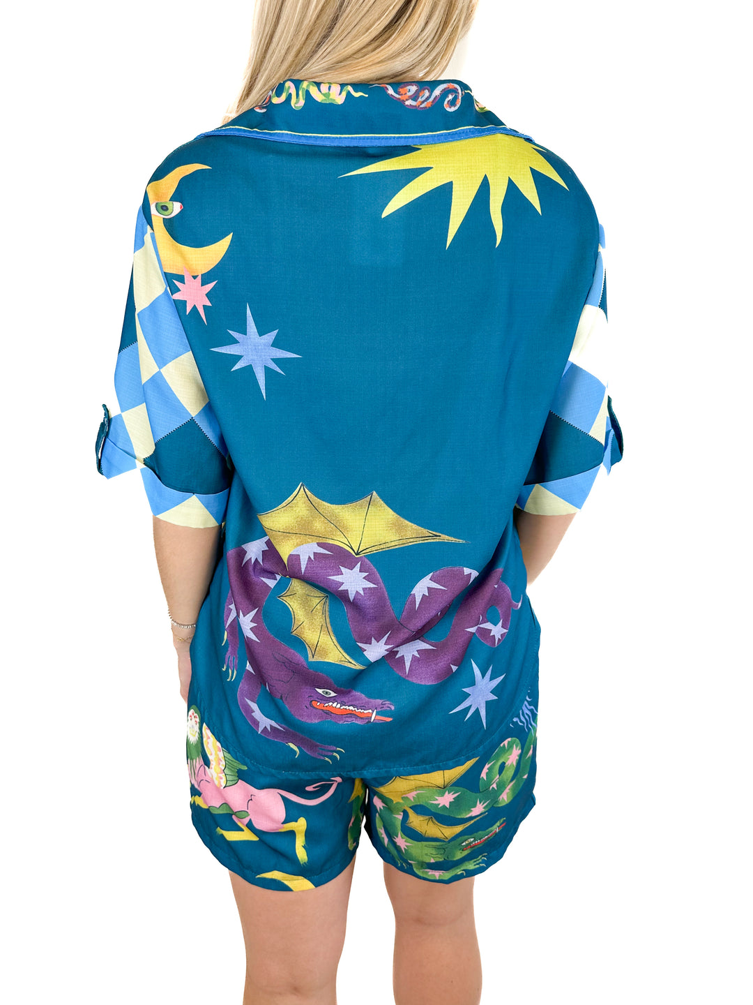 Button Down Unique Print Matching Shirt And Shorts Set (S)