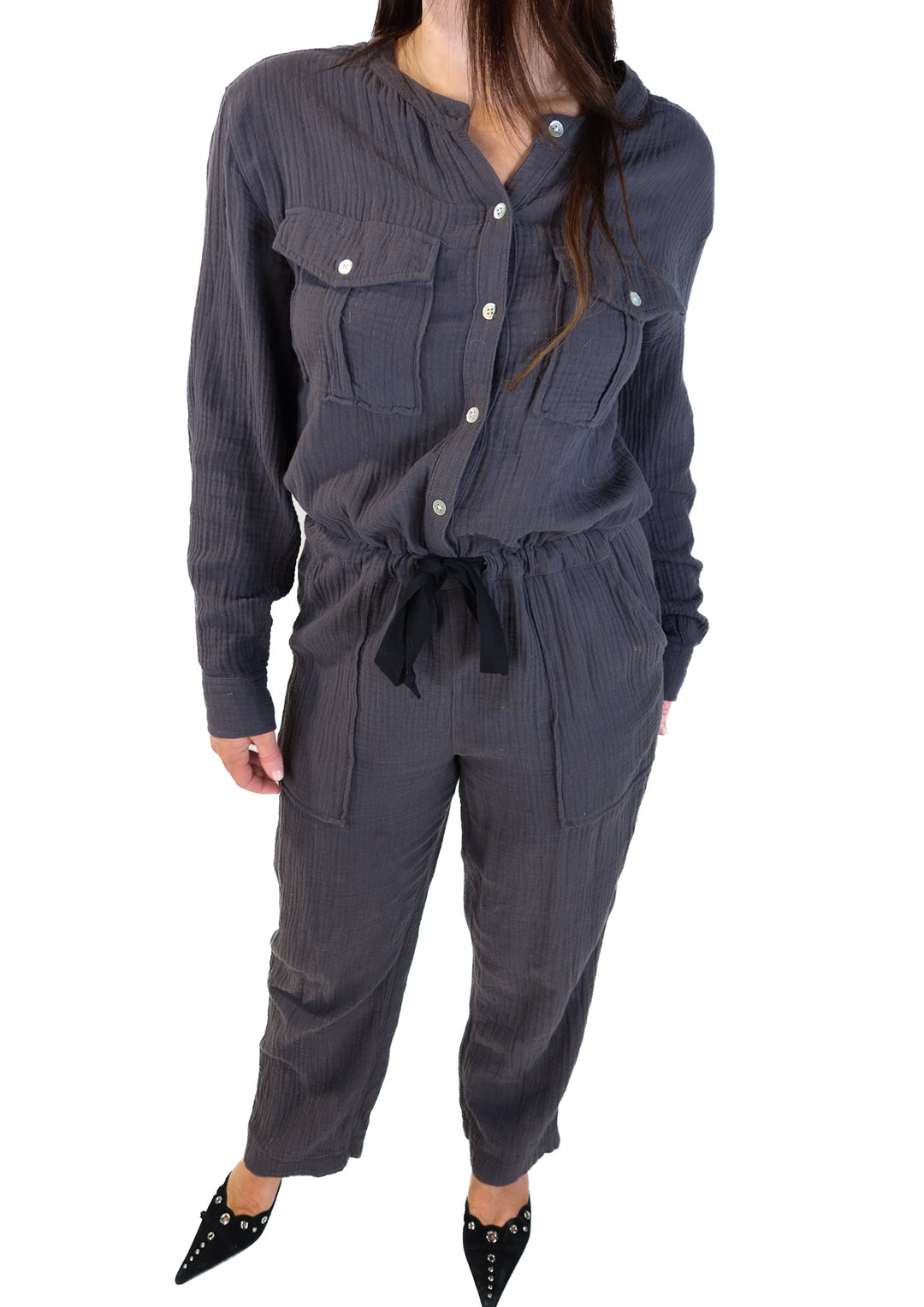 Faherty dark gray gauze jumpsuit (m; retail $228)