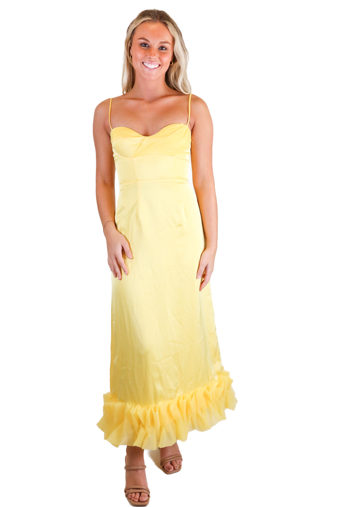Hello Molly Yellow Satin Tulle Ruffle Maxi Dress (XS)