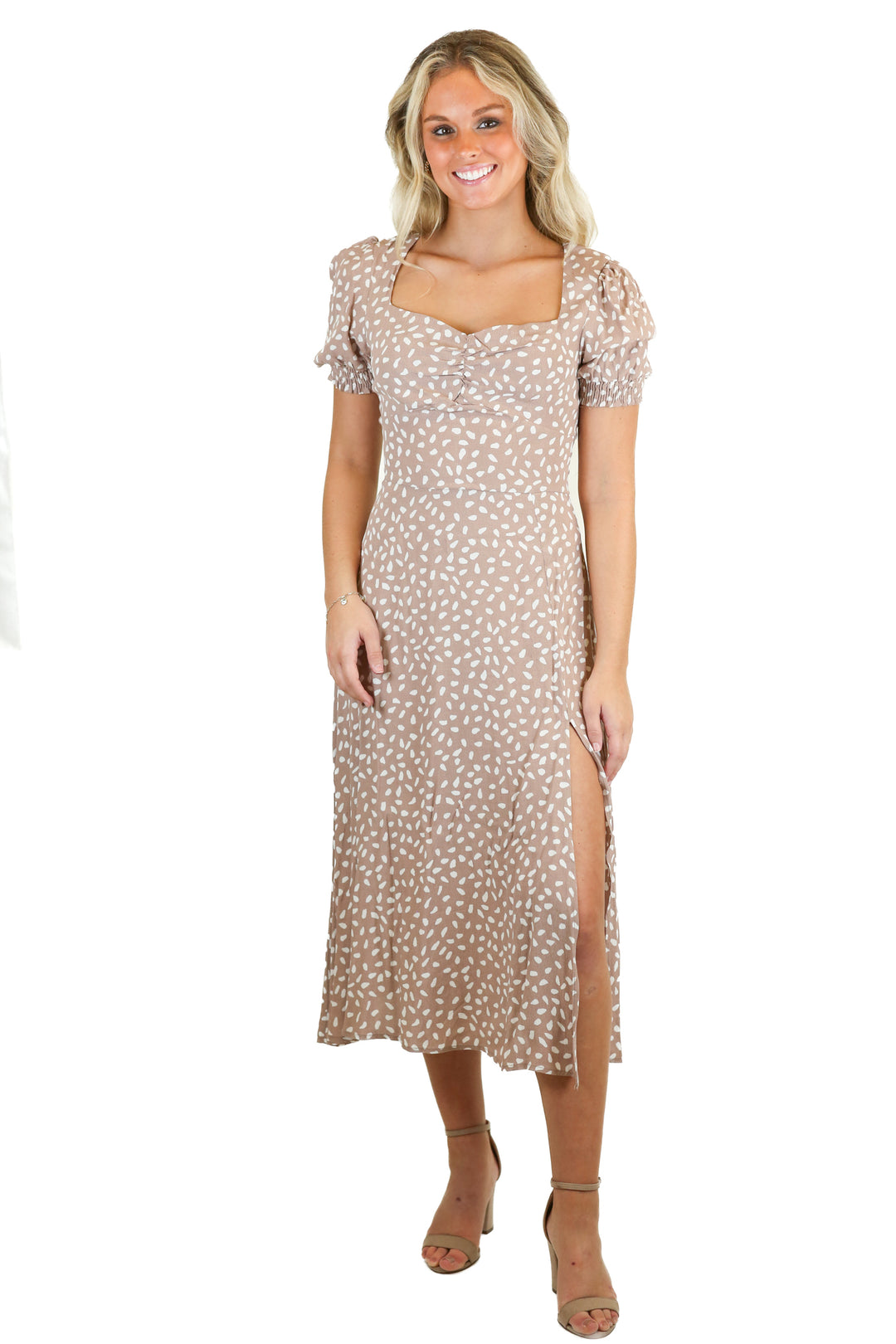 Petal+ Pup Taupe Dot Midi Dress (4)