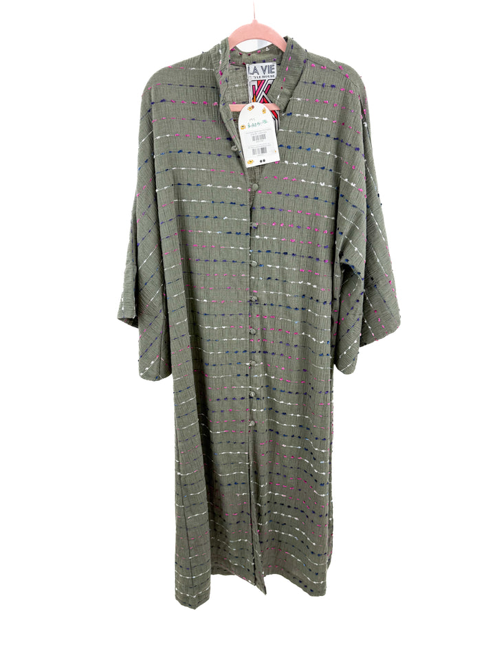 la vie style house pine green tassel caftan NWT (OS: retail $750)